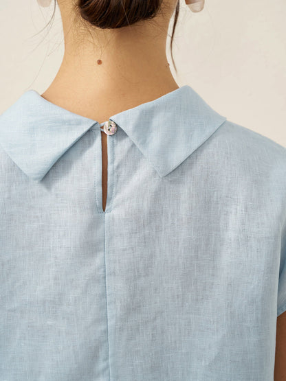 100% Linen Cap Sleeve Soft-Fold Collar Top YVONNE by LINTICO