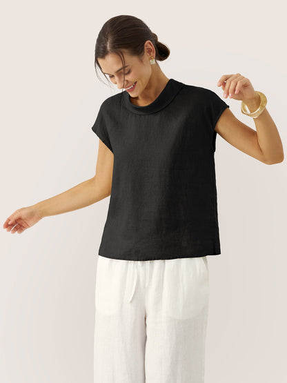 100% Linen Cap Sleeve Soft-Fold Collar Top YVONNE by LINTICO