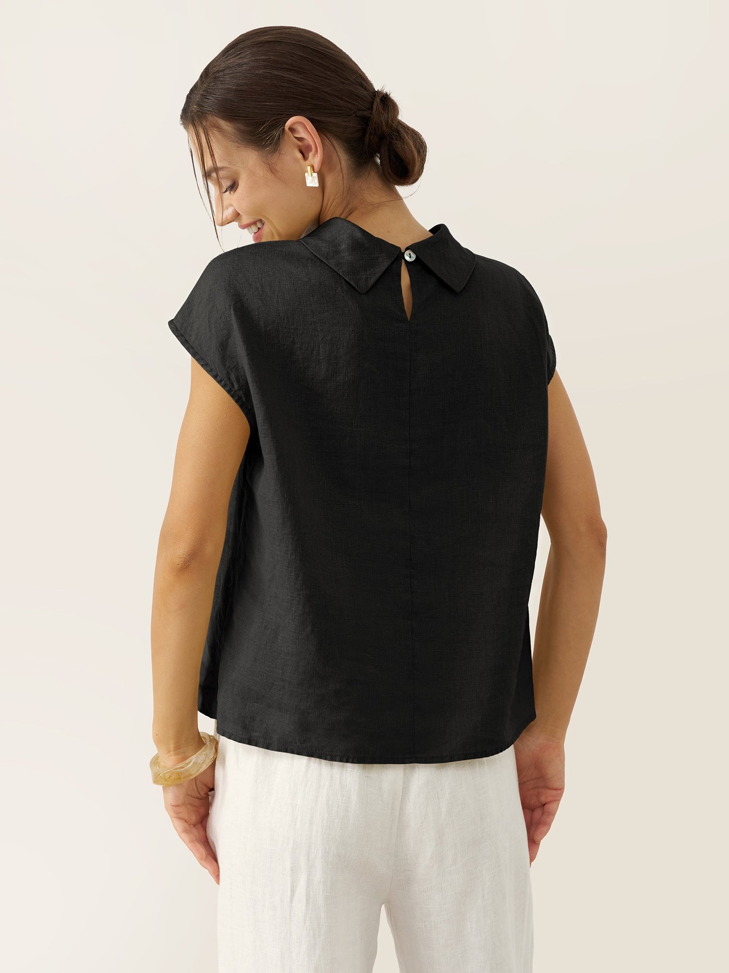 100% Linen Cap Sleeve Soft-Fold Collar Top YVONNE by LINTICO