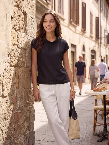 100% Linen Cap Sleeve Soft-Fold Collar Top YVONNE by LINTICO