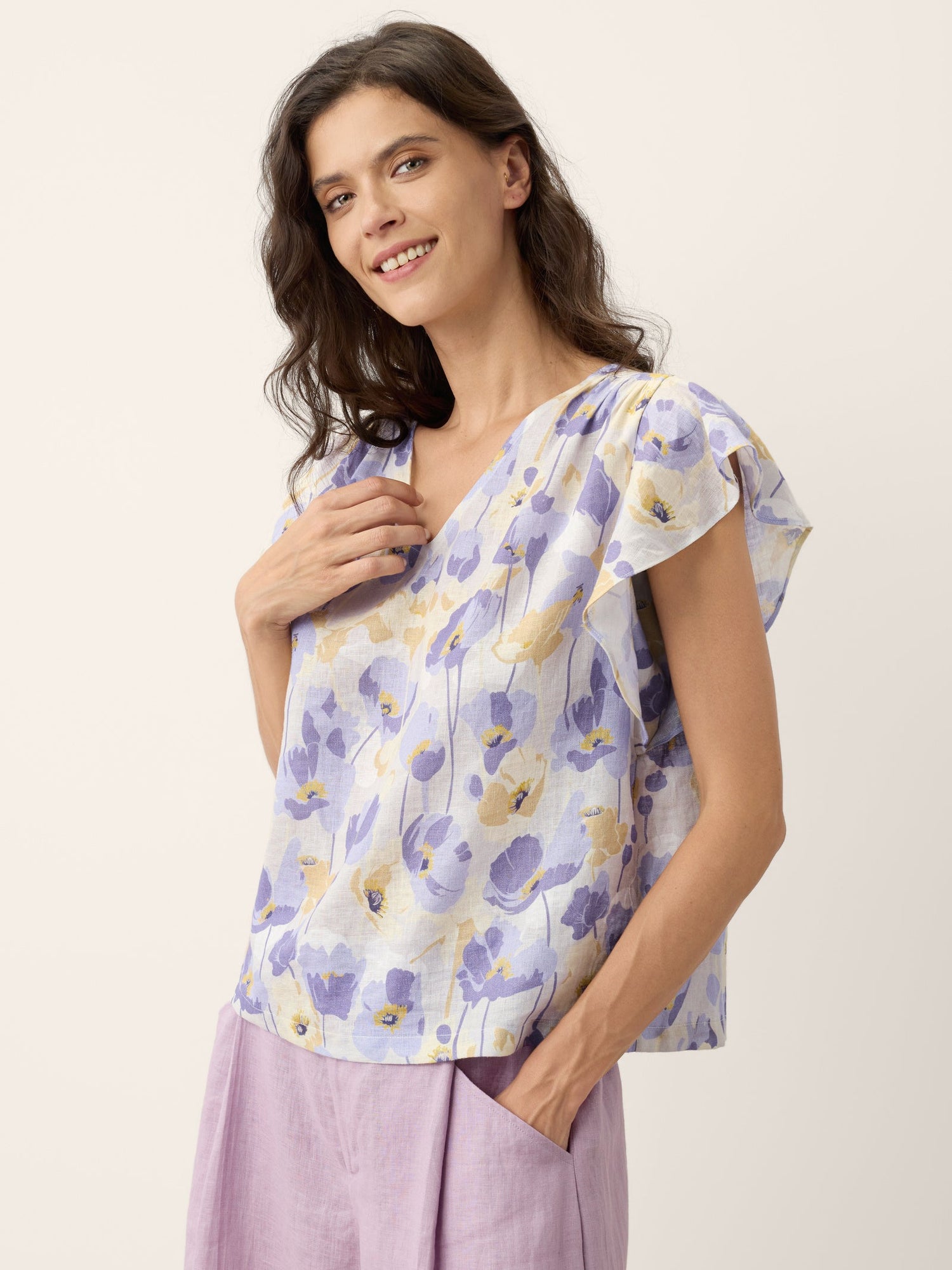 100% Linen Carnation Print Flutter Sleeve Top ELEANORA by LINTICO