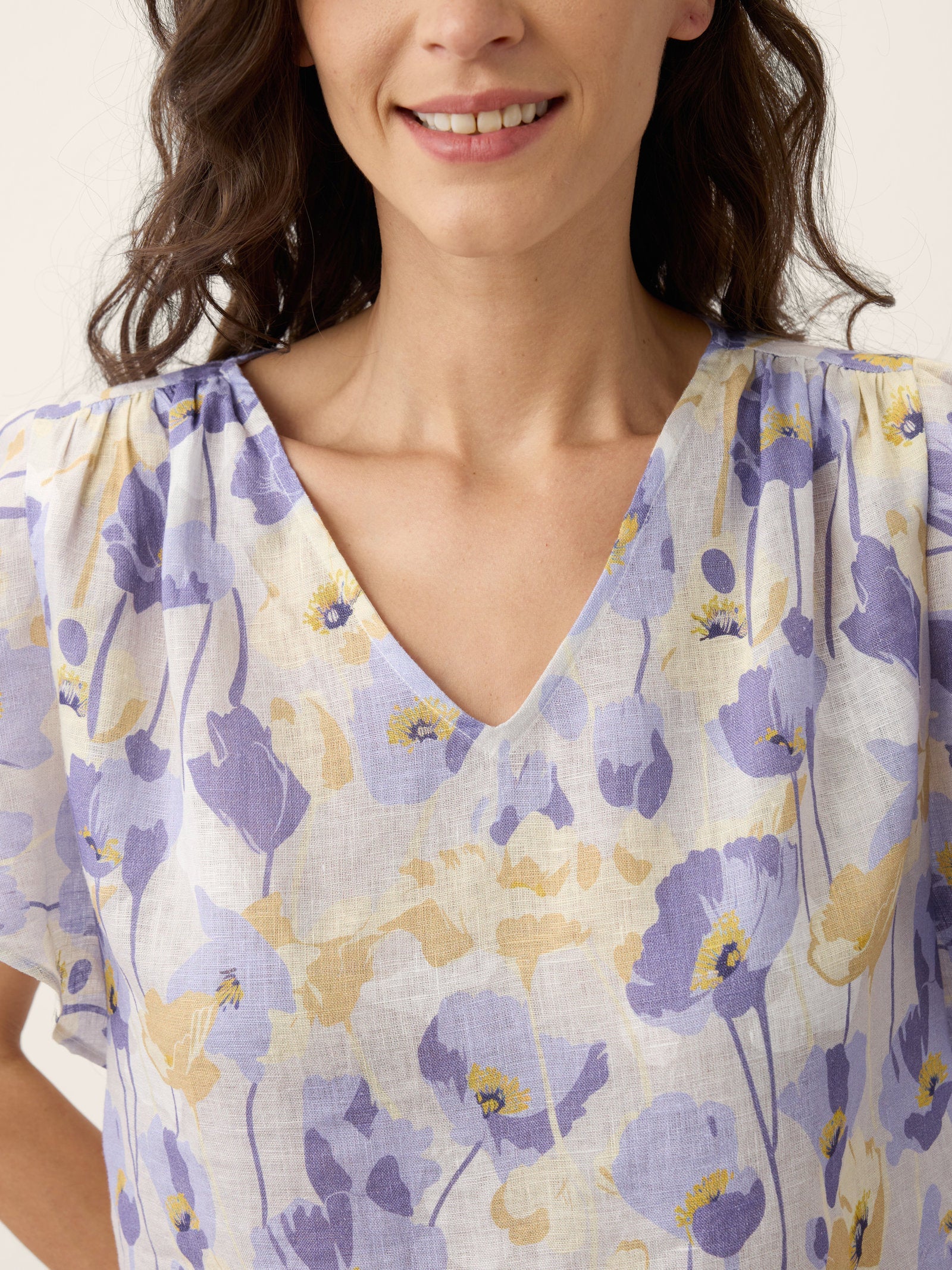 100% Linen Carnation Print Flutter Sleeve Top ELEANORA by LINTICO