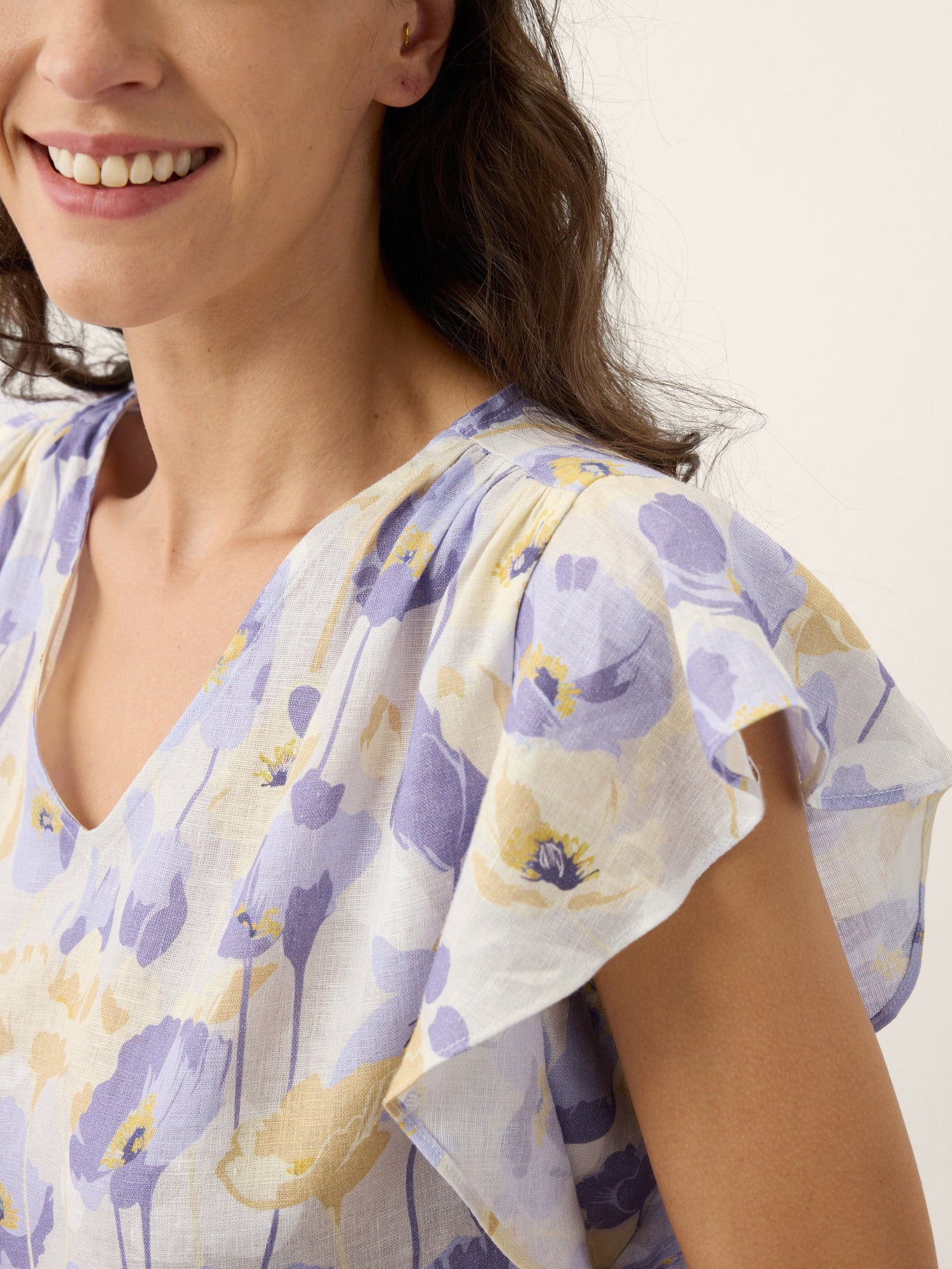 100% Linen Carnation Print Flutter Sleeve Top ELEANORA by LINTICO