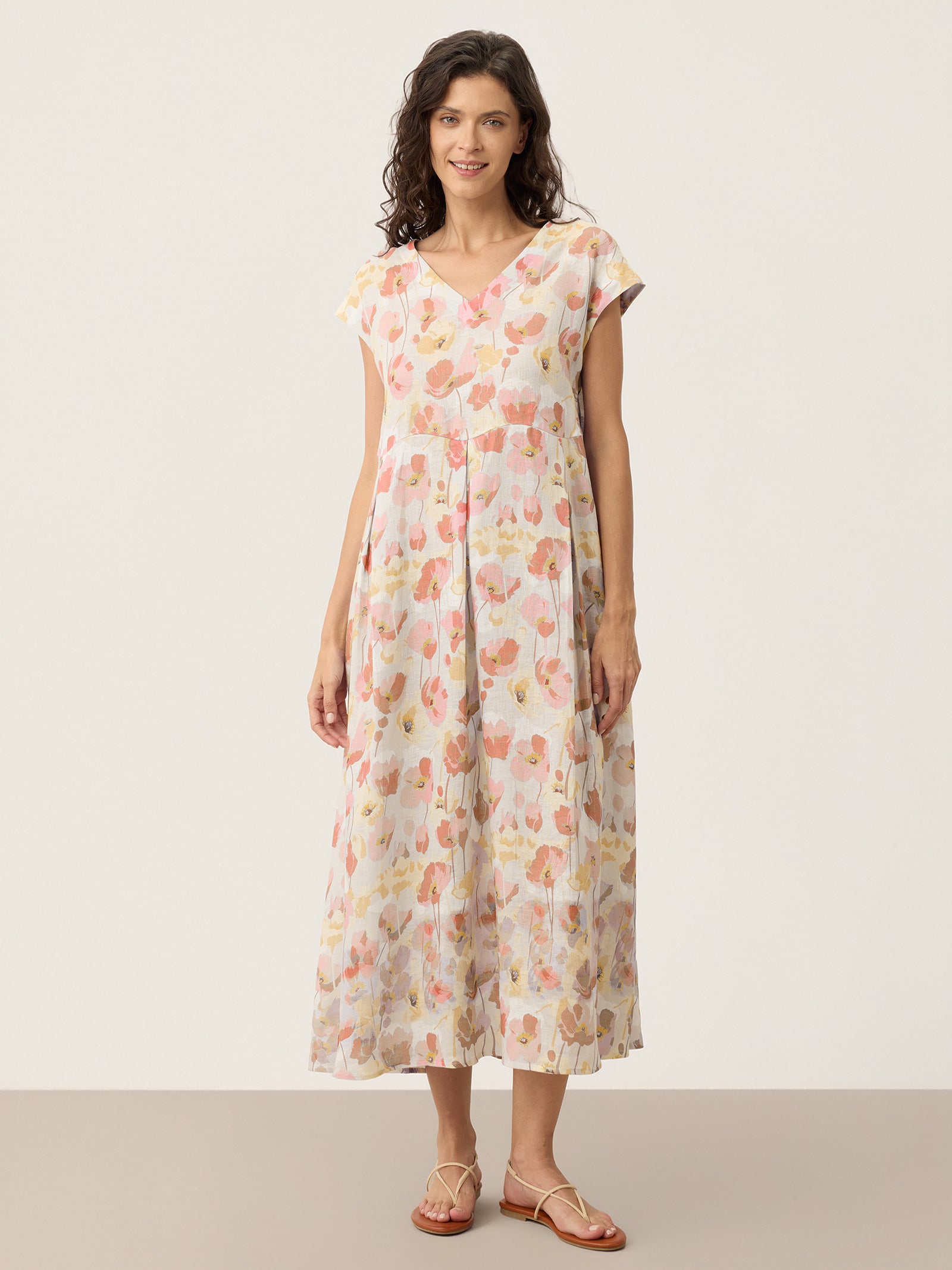 100% Linen Carnation Print Scalloped Waist Maxi Dress HARRIET by LINTICO