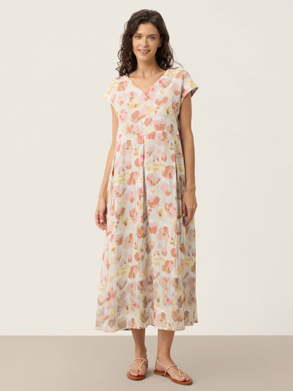 100% Linen Carnation Print Scalloped Waist Maxi Dress HARRIET by LINTICO