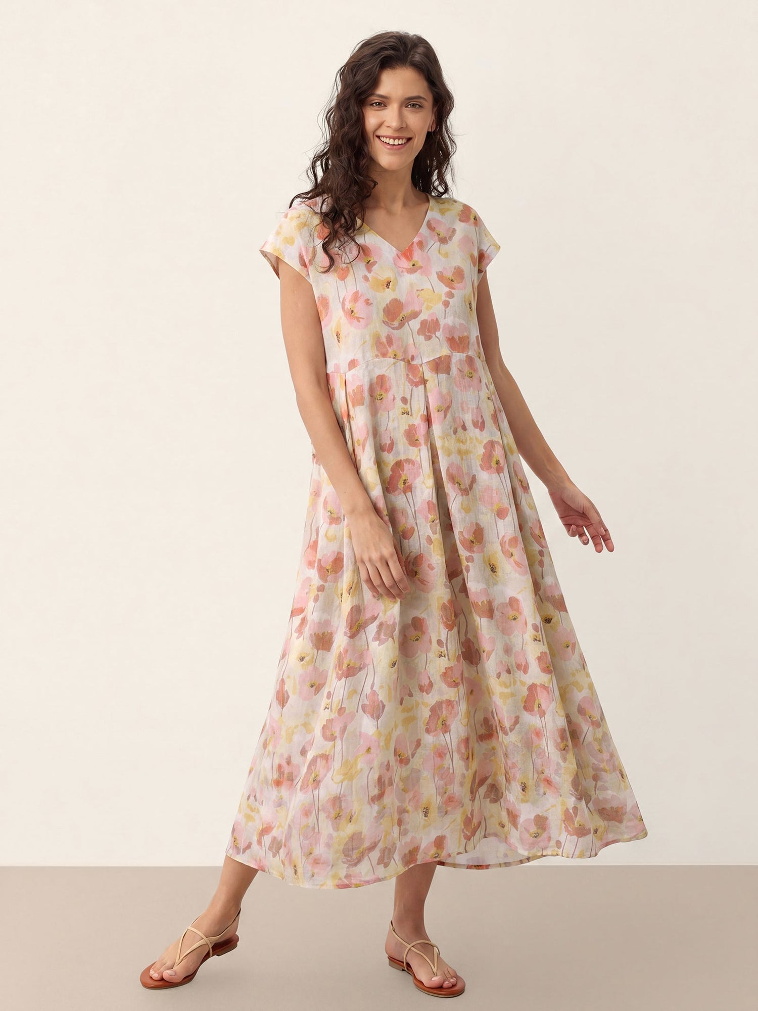 100% Linen Carnation Print Scalloped Waist Maxi Dress HARRIET by LINTICO