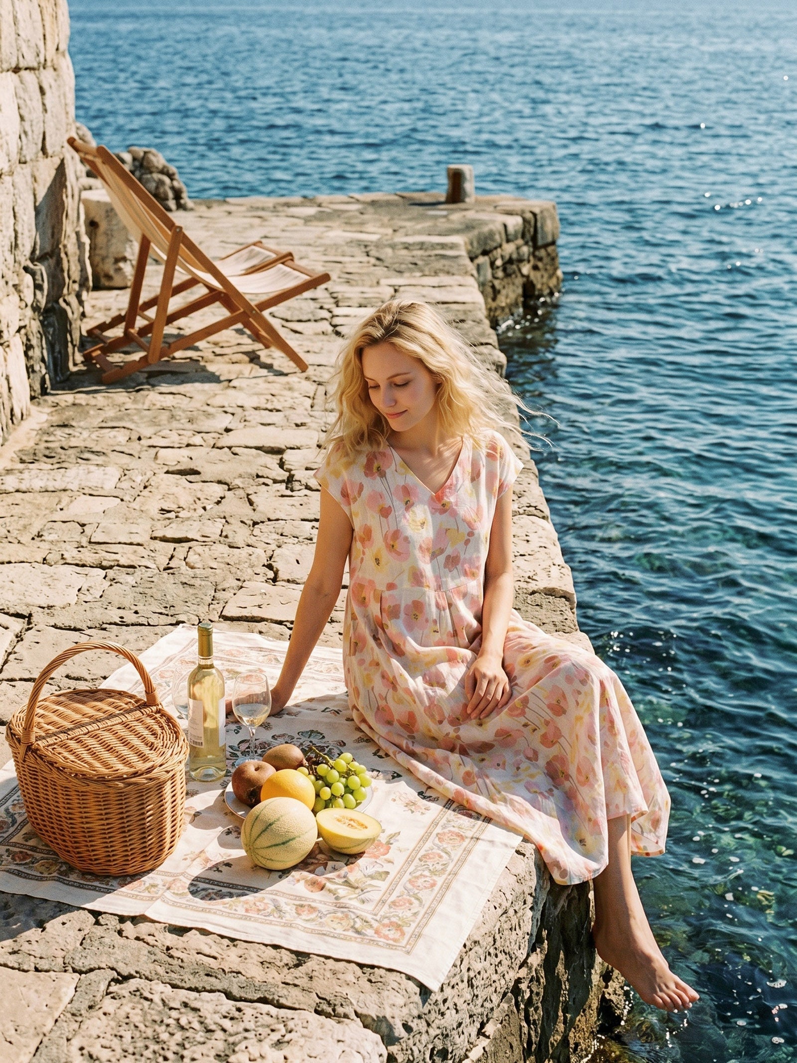 100% Linen Carnation Print Scalloped Waist Maxi Dress HARRIET by LINTICO