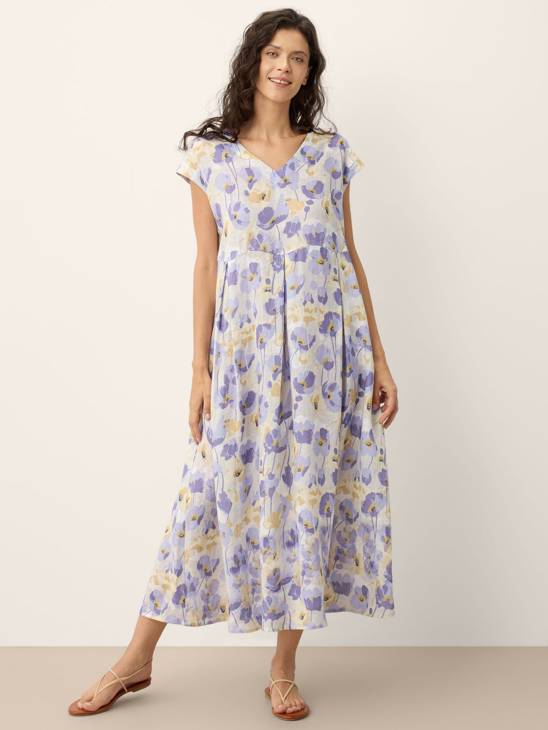 100% Linen Carnation Print Scalloped Waist Maxi Dress HARRIET by LINTICO