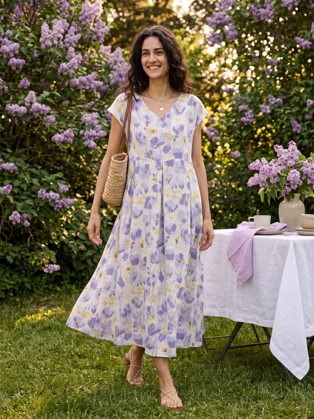 100% Linen Carnation Print Scalloped Waist Maxi Dress HARRIET by LINTICO
