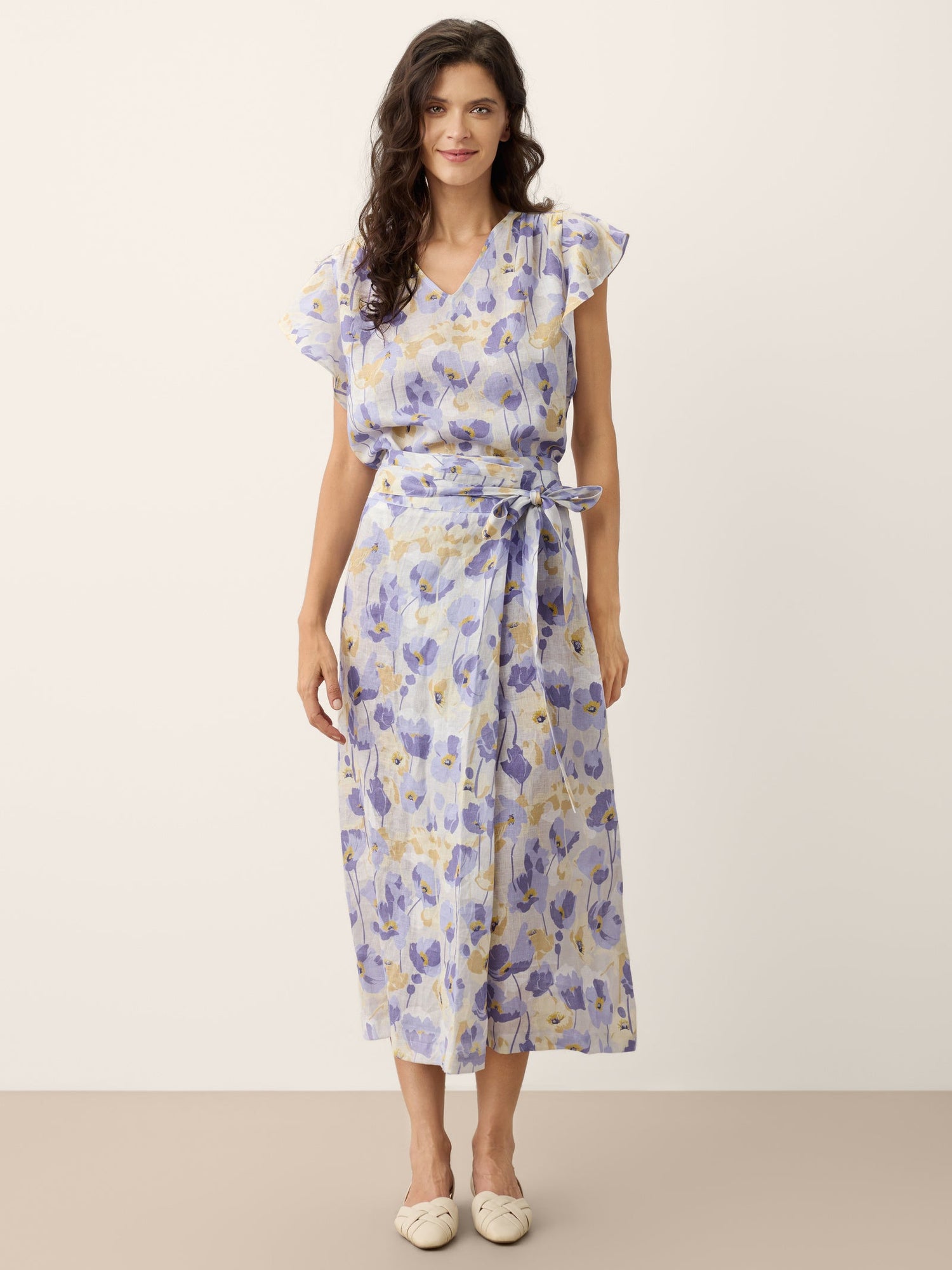100% Linen Adjustable Wrap-Tie Carnation Print Skirt FRANCESCA by LINTICO