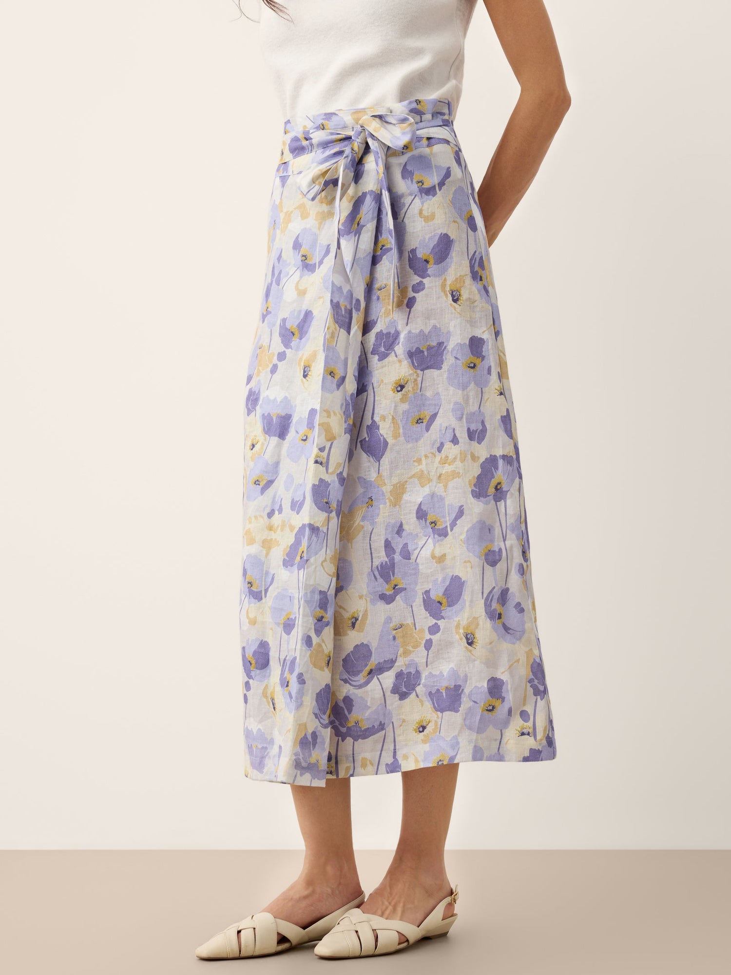 100% Linen Adjustable Wrap-Tie Carnation Print Skirt FRANCESCA by LINTICO