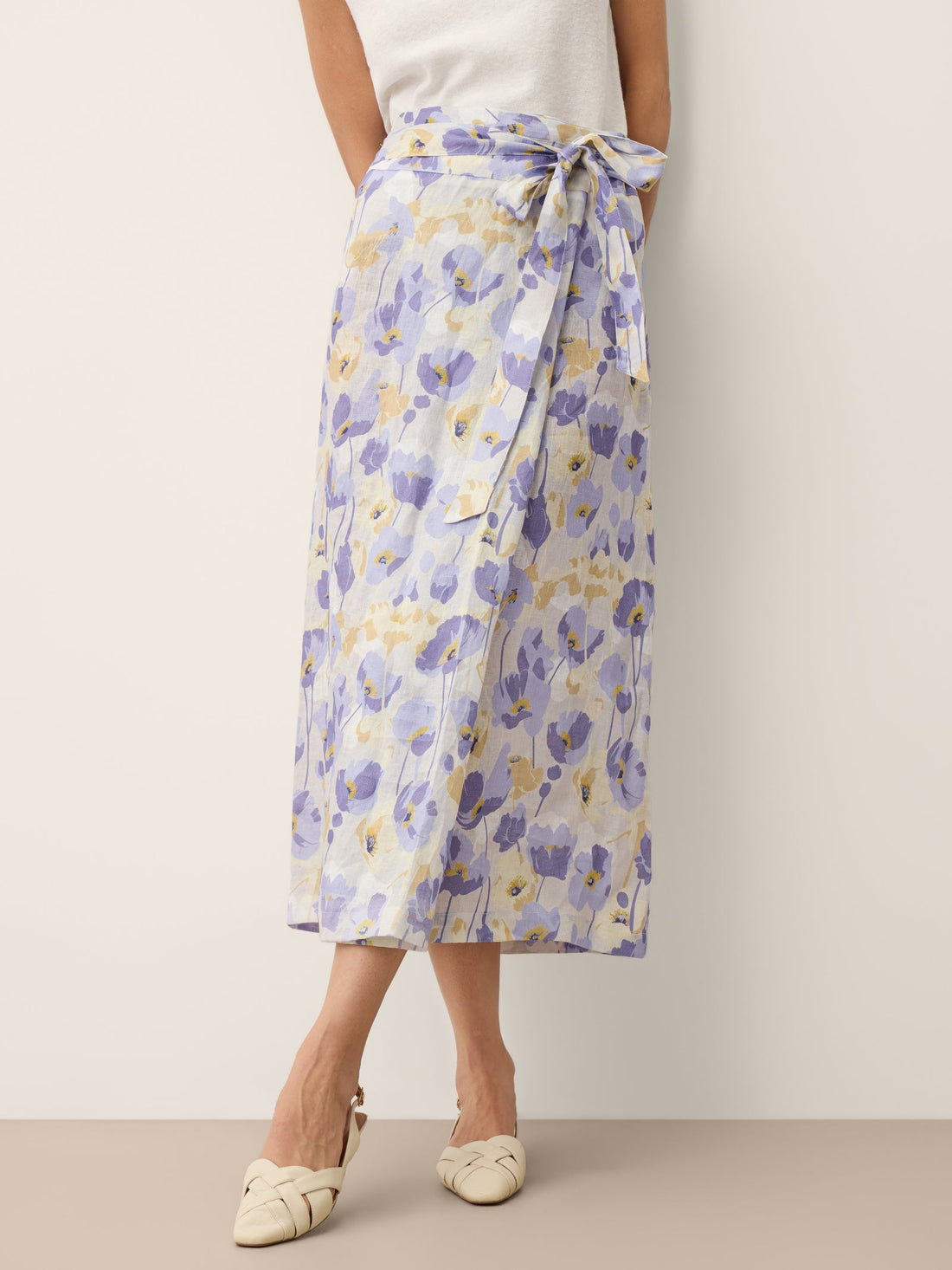100% Linen Adjustable Wrap-Tie Carnation Print Skirt FRANCESCA by LINTICO