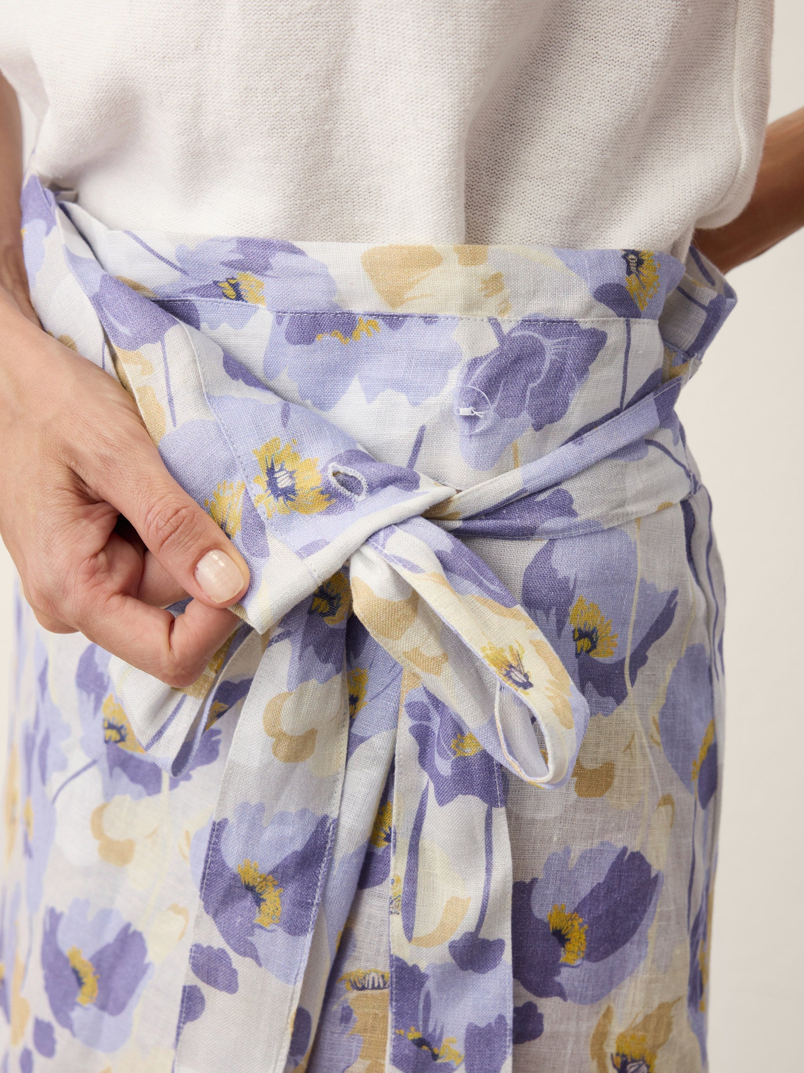 100% Linen Adjustable Wrap-Tie Carnation Print Skirt FRANCESCA by LINTICO