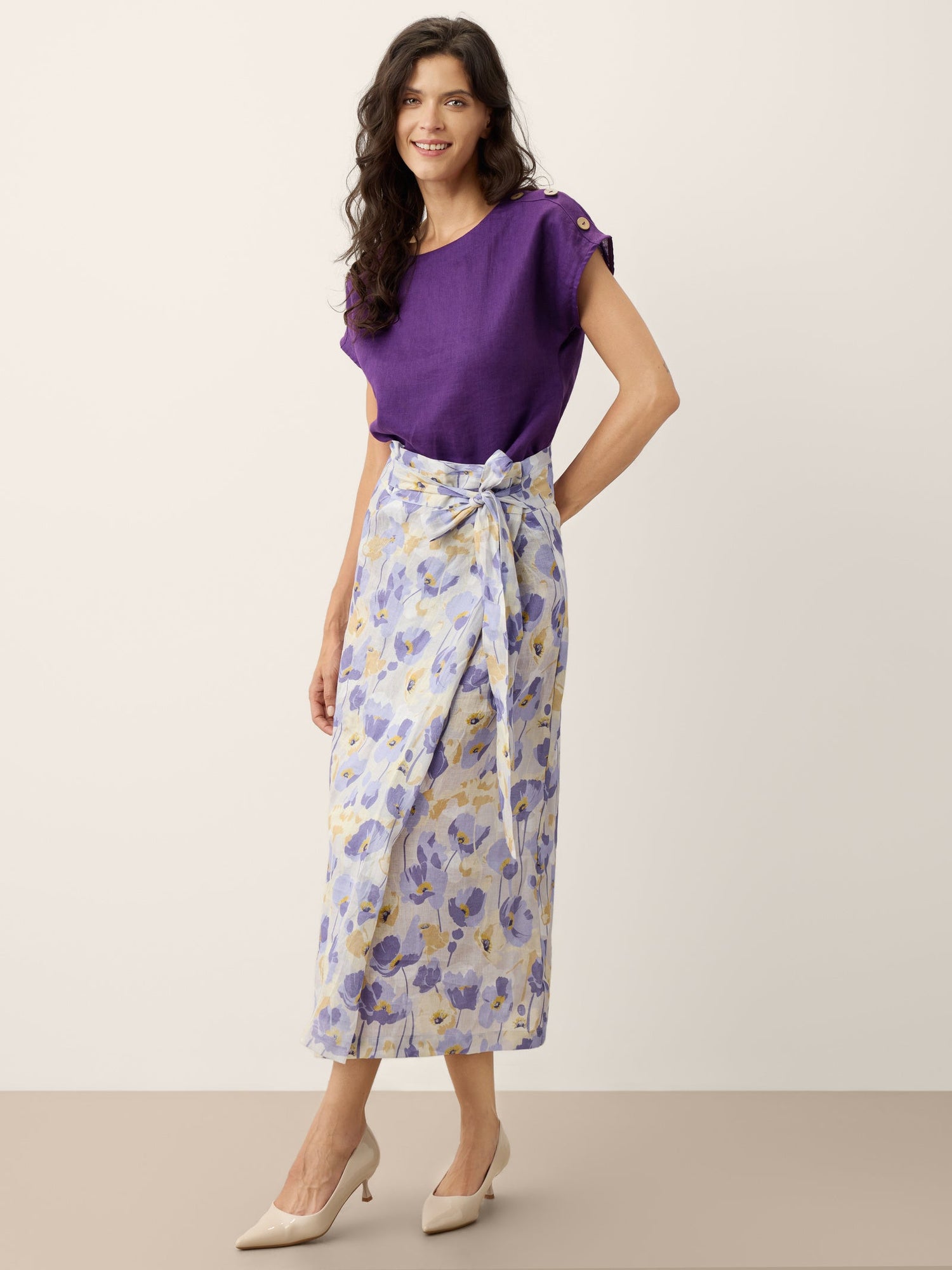 100% Linen Adjustable Wrap-Tie Carnation Print Skirt FRANCESCA by LINTICO
