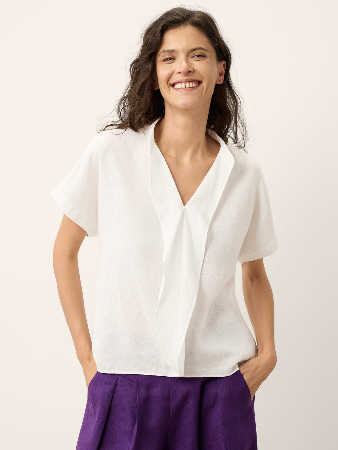 100% Linen Double Ruffle Soft Collar Top VERONICA by LINTICO