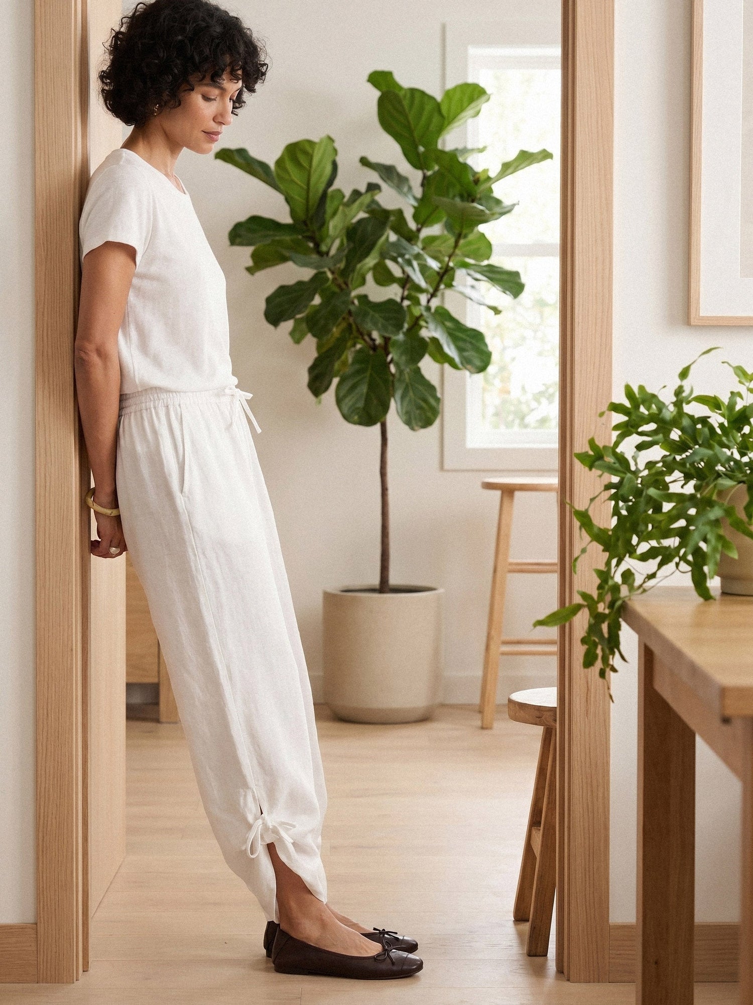 100% Linen Convertible Drawstring Hem Elasticated Waist Wide-Leg Pants YSELINE by LINTICO