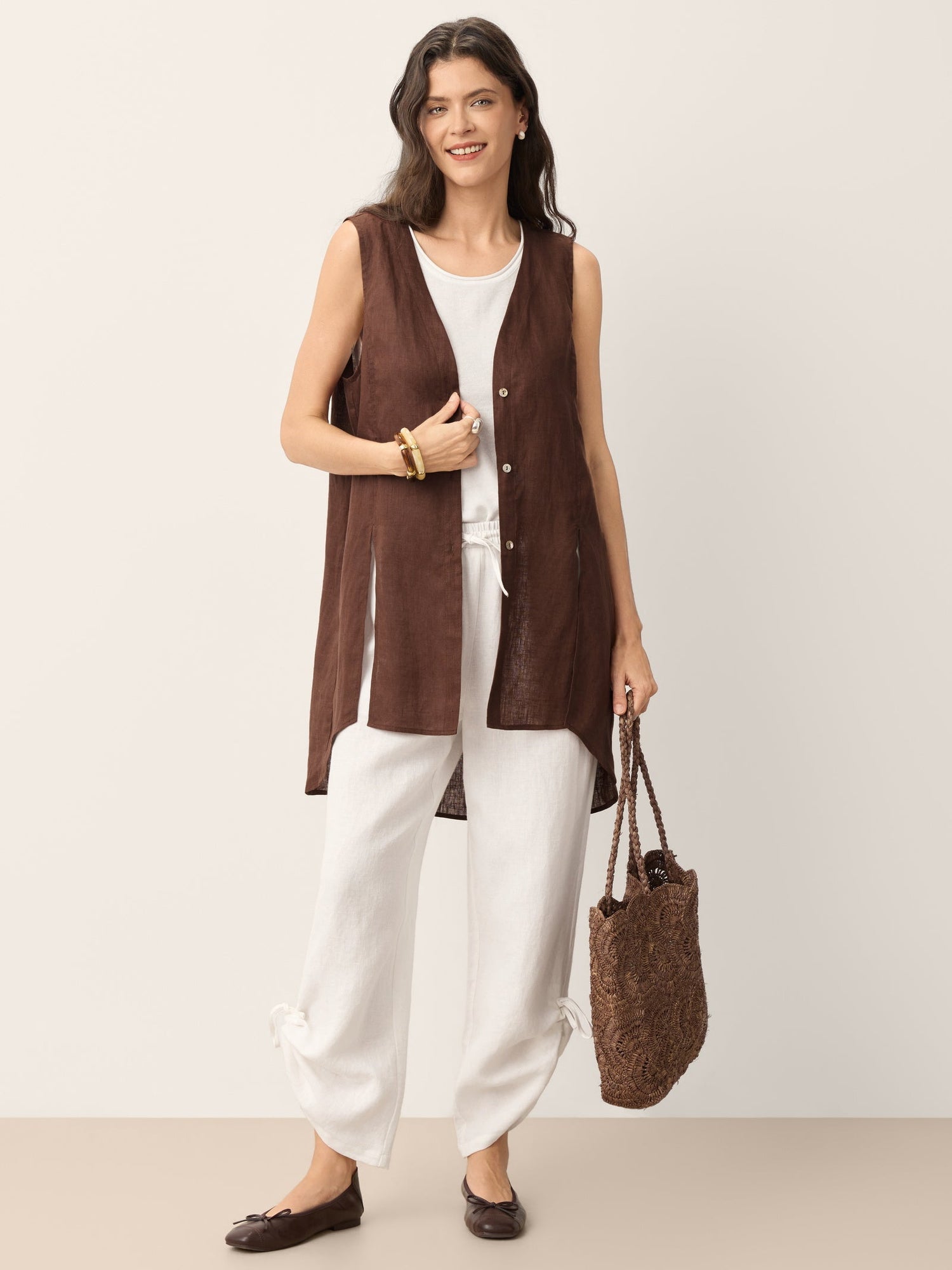 100% Linen Convertible Drawstring Hem Elasticated Waist Wide-Leg Pants YSELINE by LINTICO