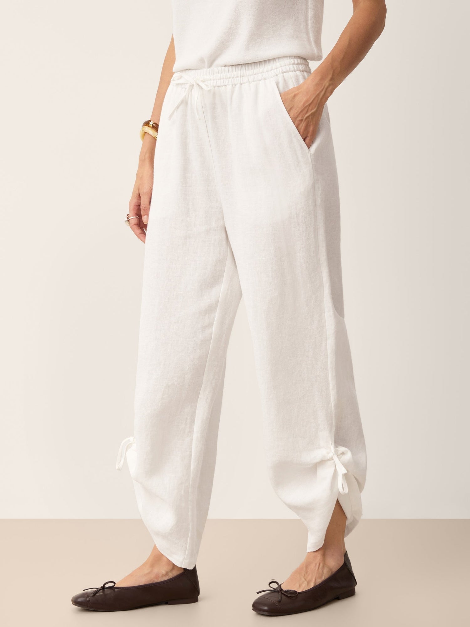 100% Linen Convertible Drawstring Hem Elasticated Waist Wide-Leg Pants YSELINE by LINTICO