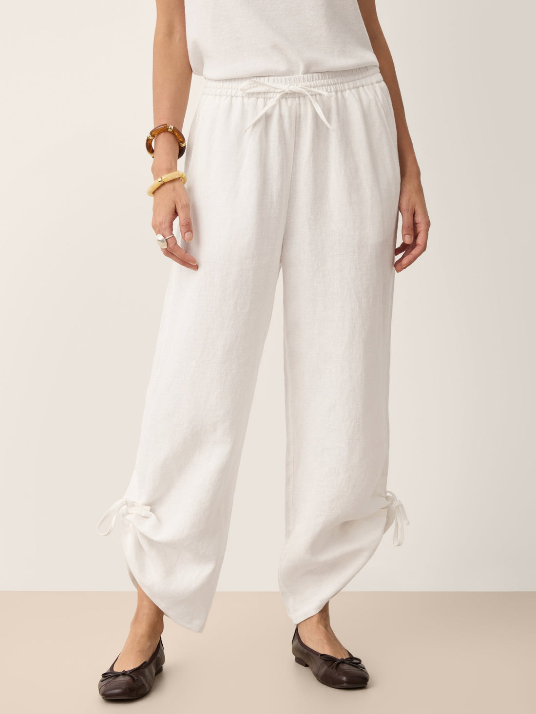 100% Linen Convertible Drawstring Hem Elasticated Waist Wide-Leg Pants YSELINE by LINTICO