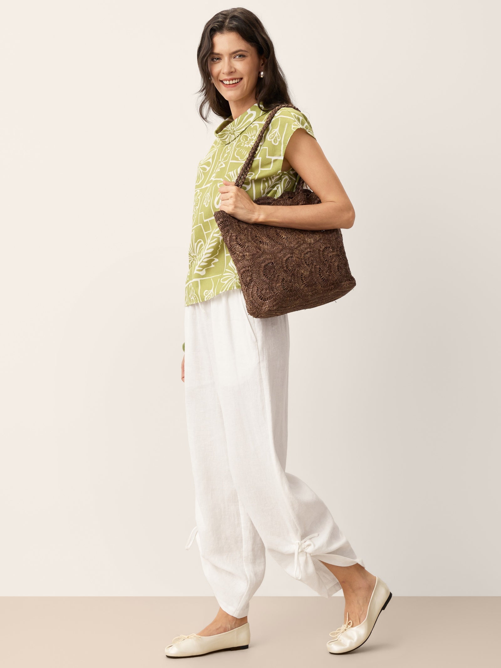 100% Linen Convertible Drawstring Hem Elasticated Waist Wide-Leg Pants YSELINE by LINTICO