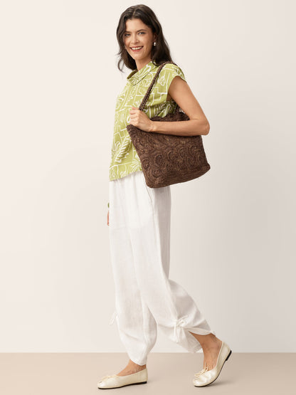 100% Linen Convertible Drawstring Hem Elasticated Waist Wide-Leg Pants YSELINE by LINTICO