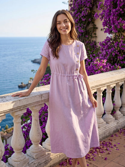 100% Linen Drawstring Waist Button Detail Midi Dress SENNA by LINTICO