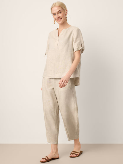 100% Linen Drawstring Waist Tapered Cropped Pants LANEY by LINTICO