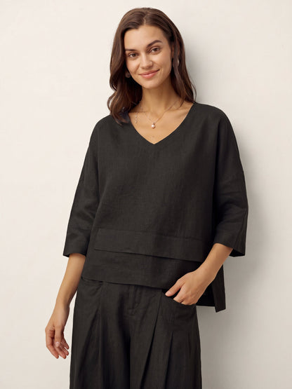 100% Linen Drop Shoulder Asymmetric Layered Hem Overtop VIOLA by LINTICO