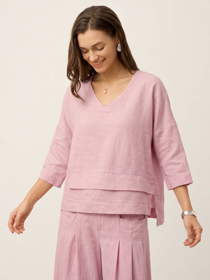 100% Linen Drop Shoulder Asymmetric Layered Hem Overtop VIOLA by LINTICO