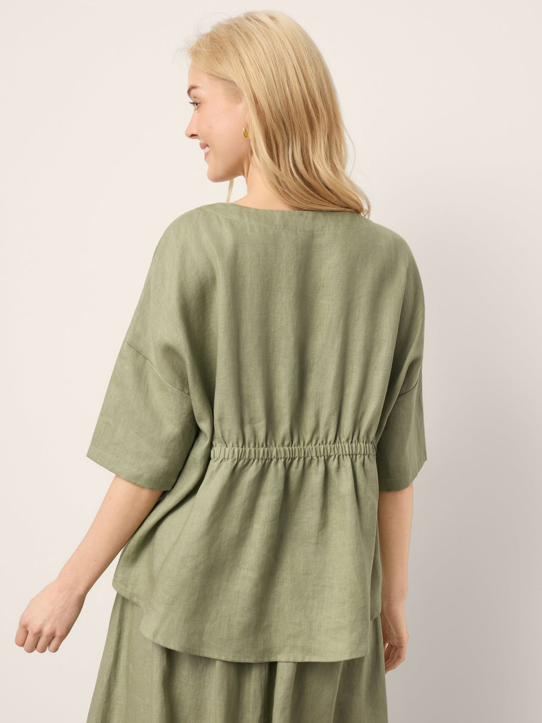 100% Linen Drop Shoulder Shirred Back High-Low Hem Top LINDSEY by LINTICO