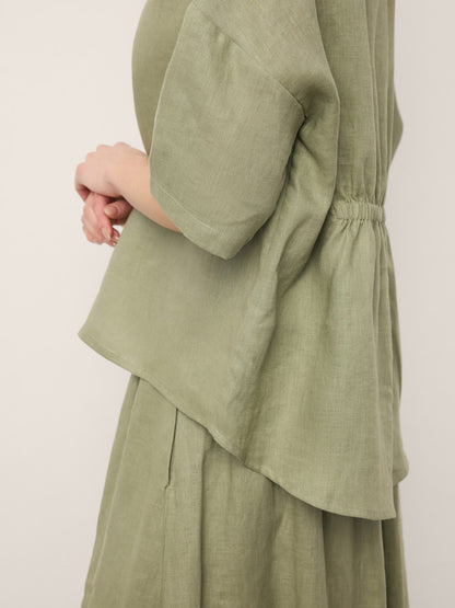 100% Linen Drop Shoulder Shirred Back High-Low Hem Top LINDSEY by LINTICO
