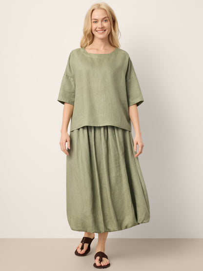 100% Linen Drop Shoulder Shirred Back High-Low Hem Top LINDSEY by LINTICO