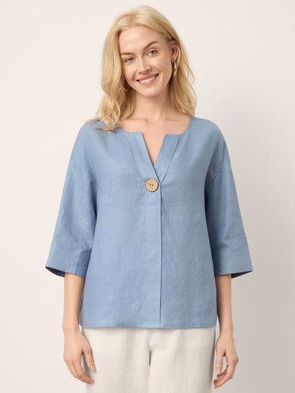100% Linen Drop Shoulder V-Neck Statement Button Top LISARA by LINTICO