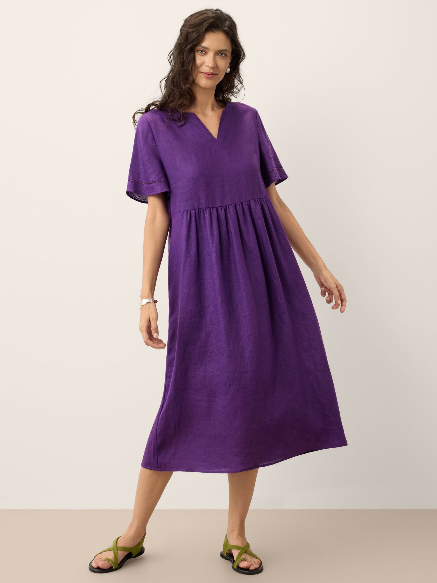 100% Linen Embroidered Cuff Split Neck Midi Dress OCTAVIA by LINTICO