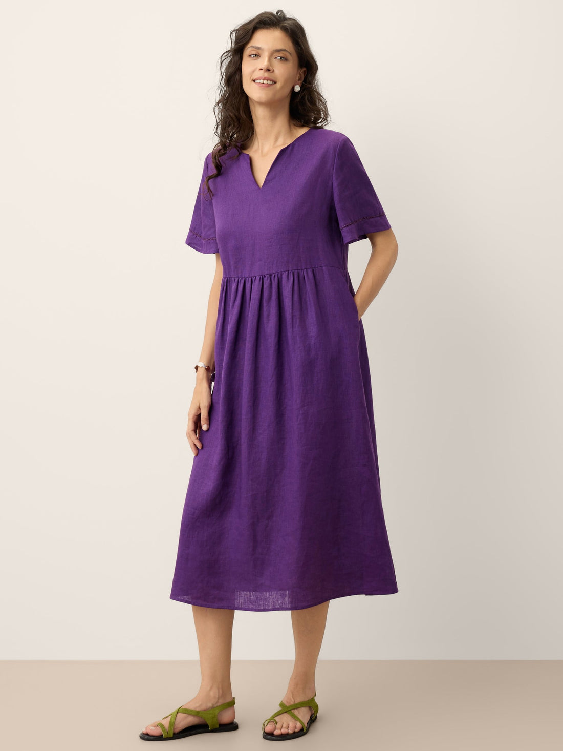 100% Linen Embroidered Cuff Split Neck Midi Dress OCTAVIA by LINTICO