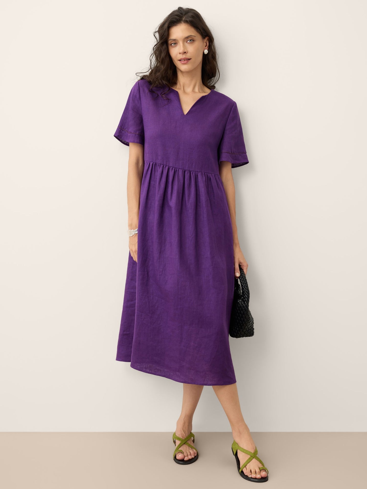 100% Linen Embroidered Cuff Split Neck Midi Dress OCTAVIA by LINTICO