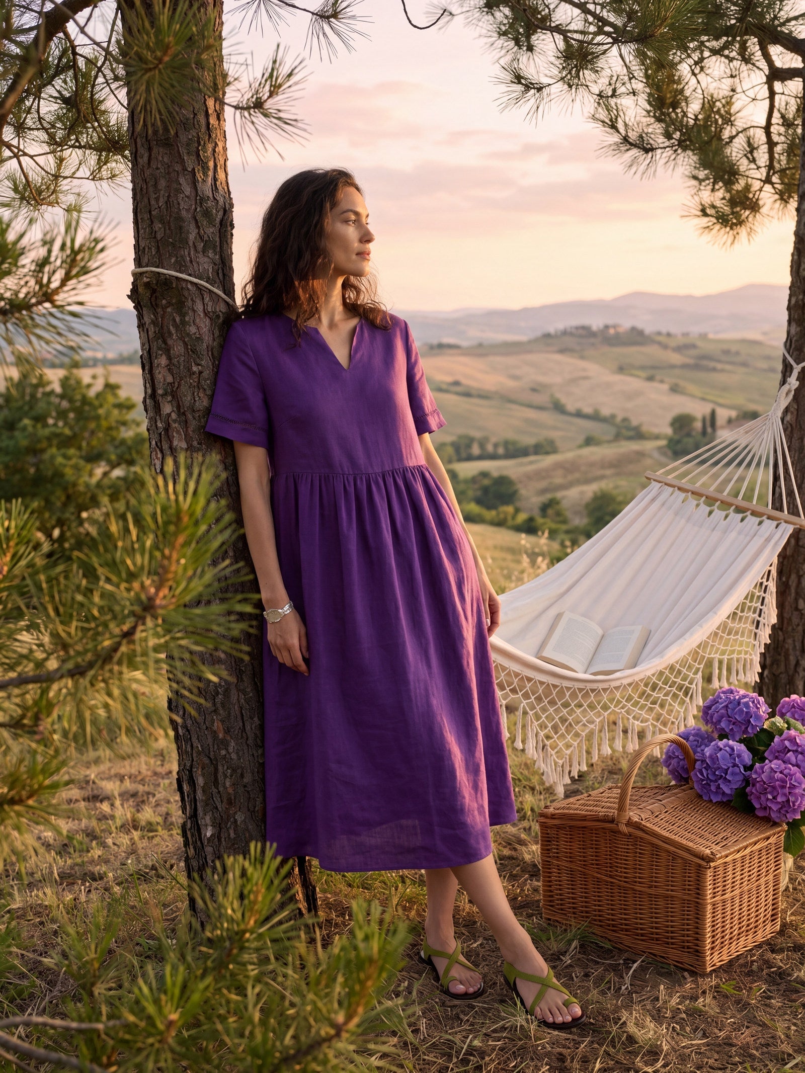 100% Linen Embroidered Cuff Split Neck Midi Dress OCTAVIA by LINTICO