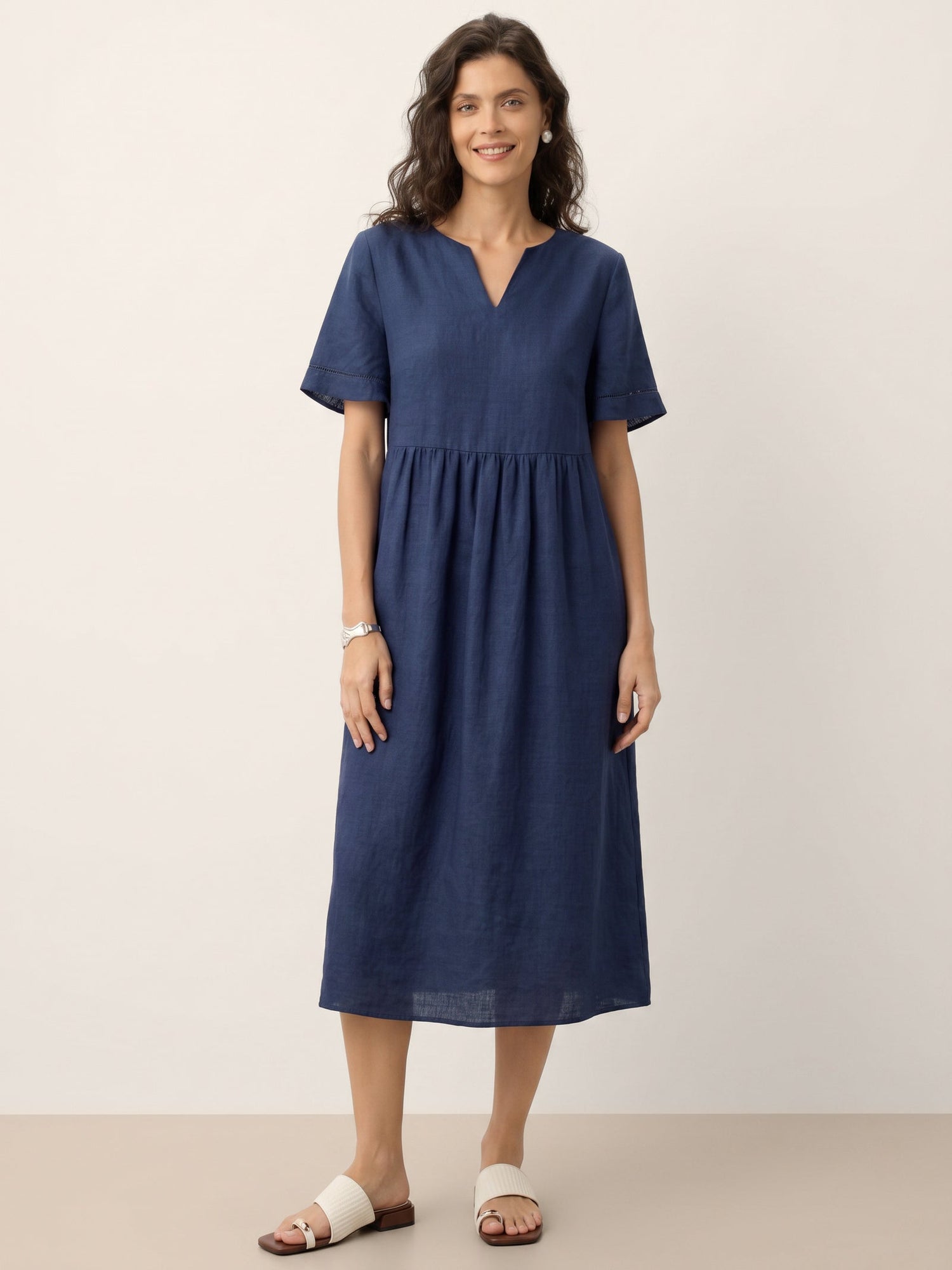 100% Linen Embroidered Cuff Split Neck Midi Dress OCTAVIA by LINTICO