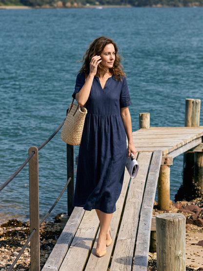 100% Linen Embroidered Cuff Split Neck Midi Dress OCTAVIA by LINTICO