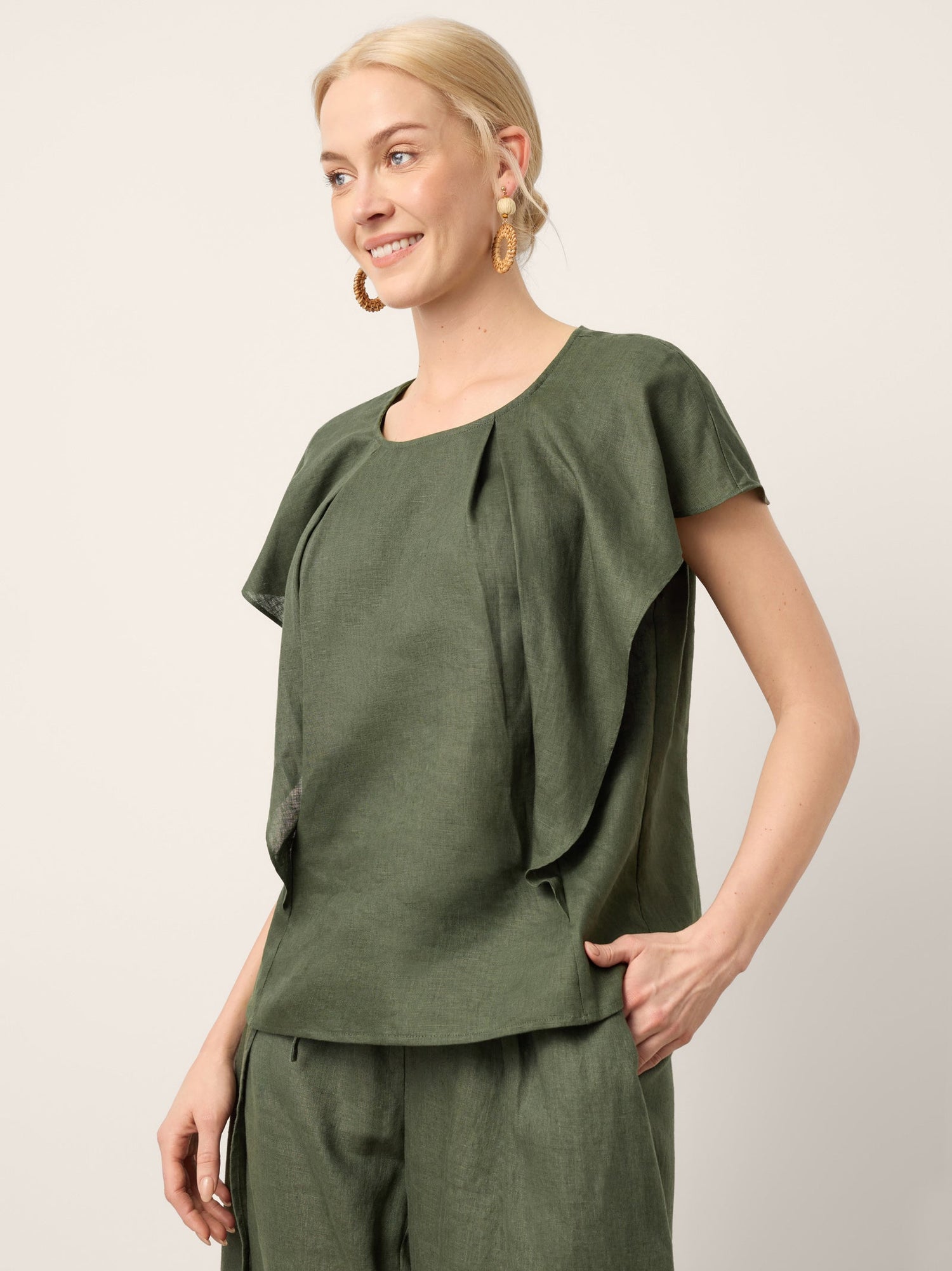 100% Linen Flutter Sleeve Sculpted Pleat Top DRUSILLA by LINTICO
