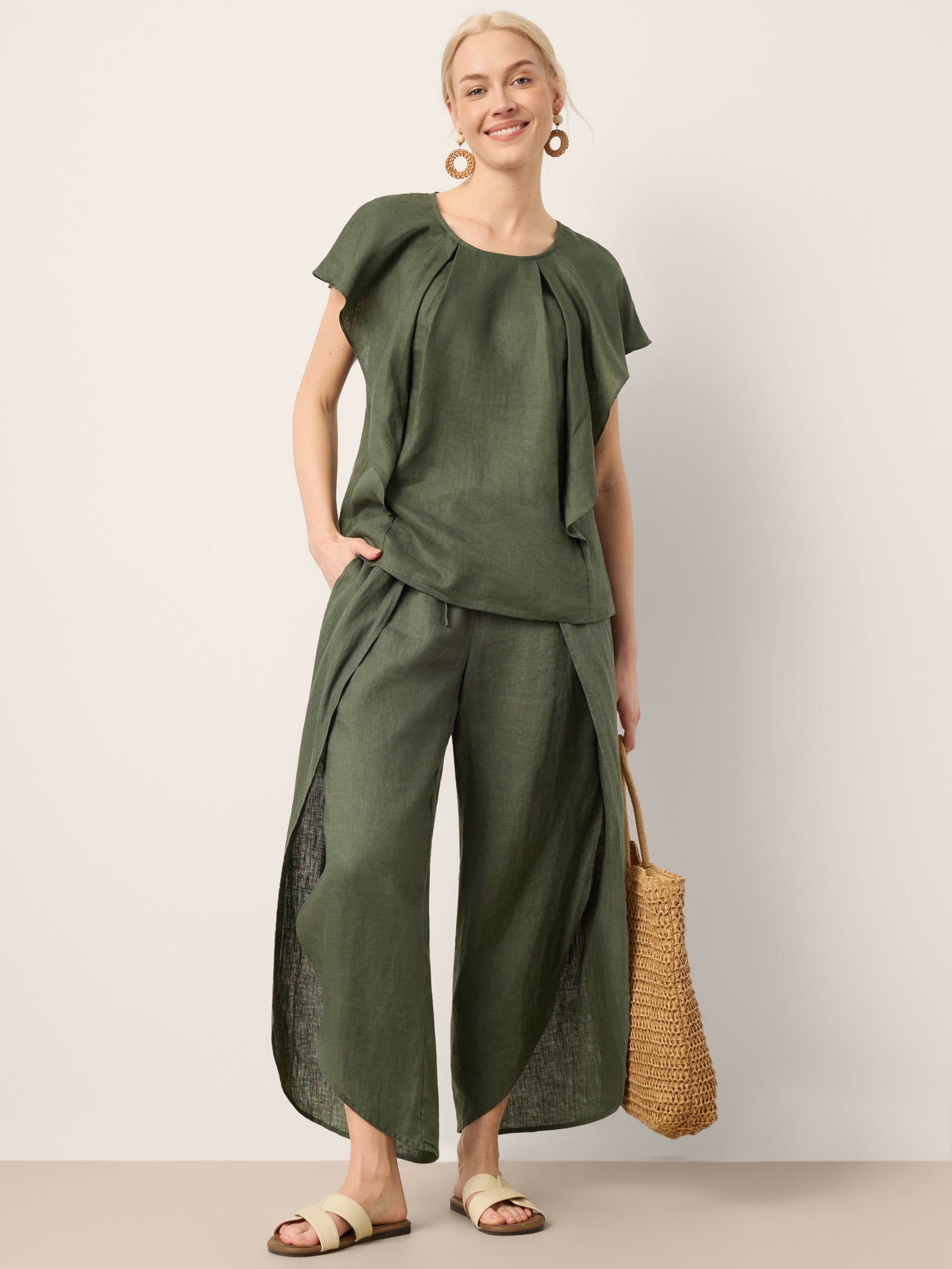 100% Linen Flutter Sleeve Sculpted Pleat Top DRUSILLA by LINTICO