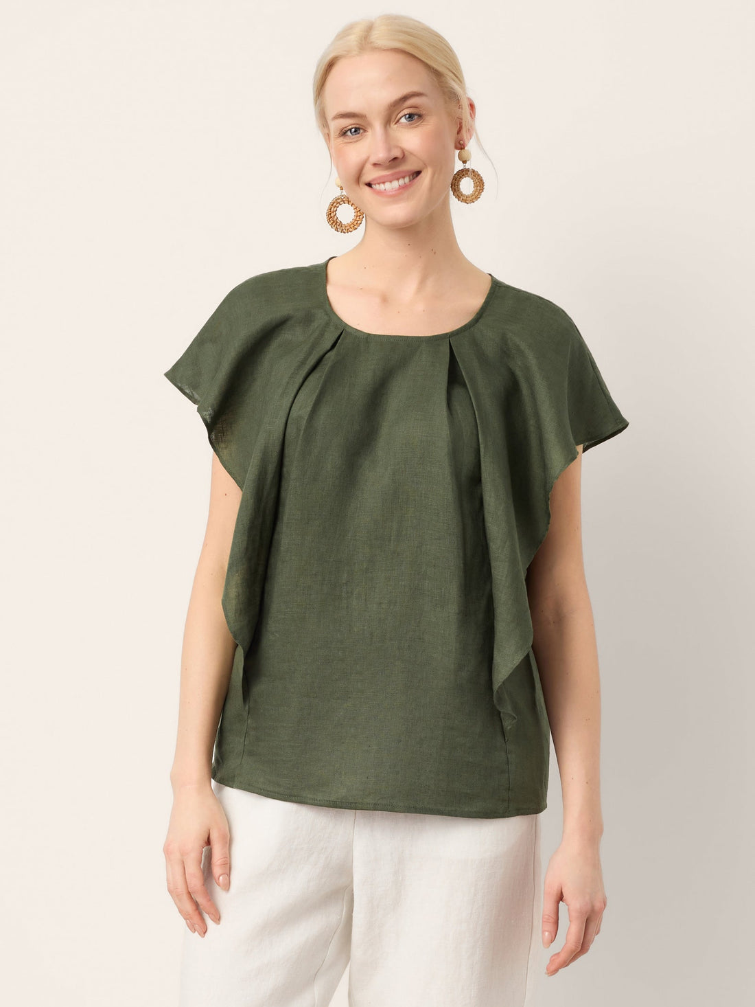 100% Linen Flutter Sleeve Sculpted Pleat Top DRUSILLA by LINTICO