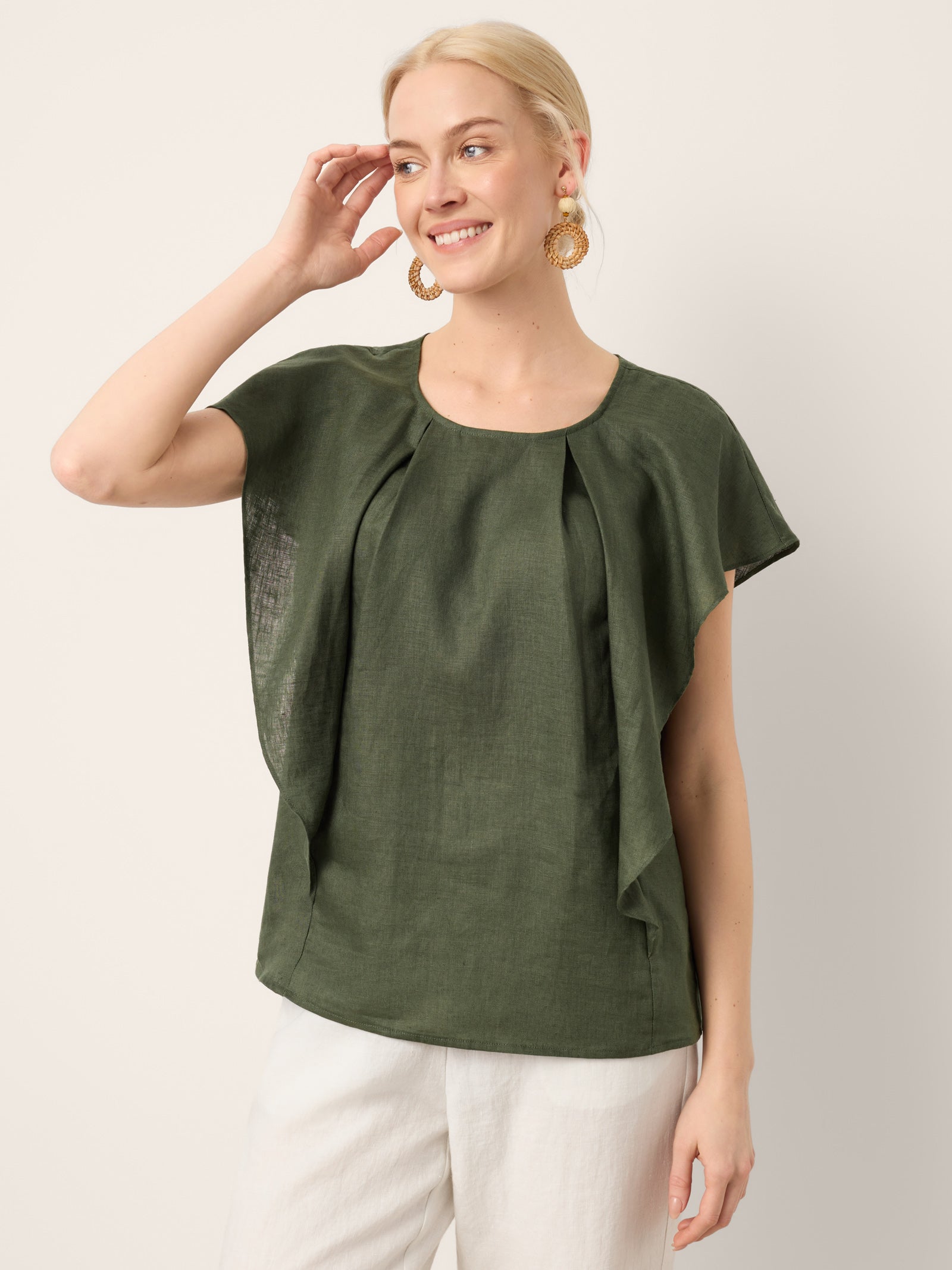 100% Linen Flutter Sleeve Sculpted Pleat Top DRUSILLA by LINTICO