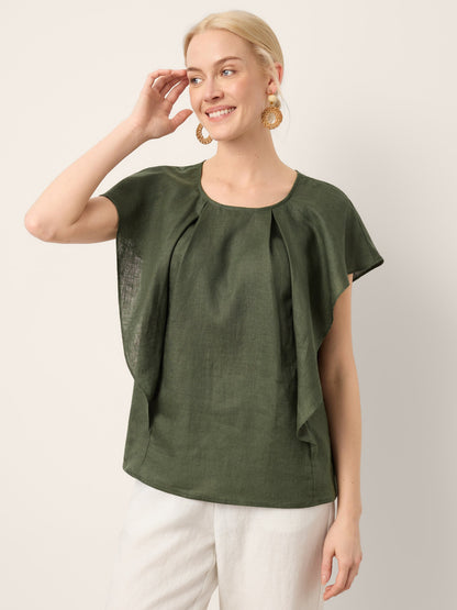 100% Linen Flutter Sleeve Sculpted Pleat Top DRUSILLA by LINTICO