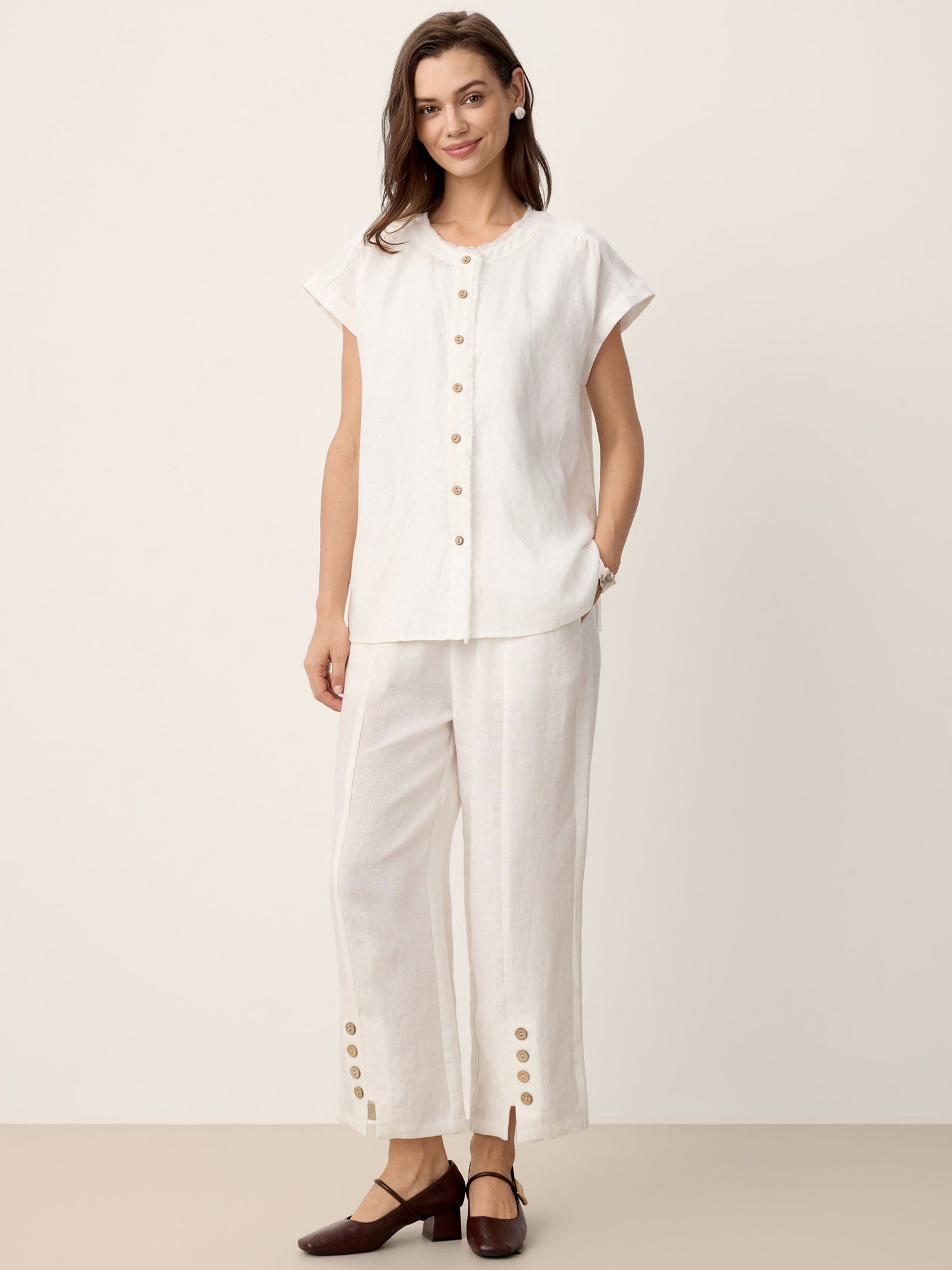100% Linen Frayed-Trim Drop-Shoulder Top INDIRA by LINTICO