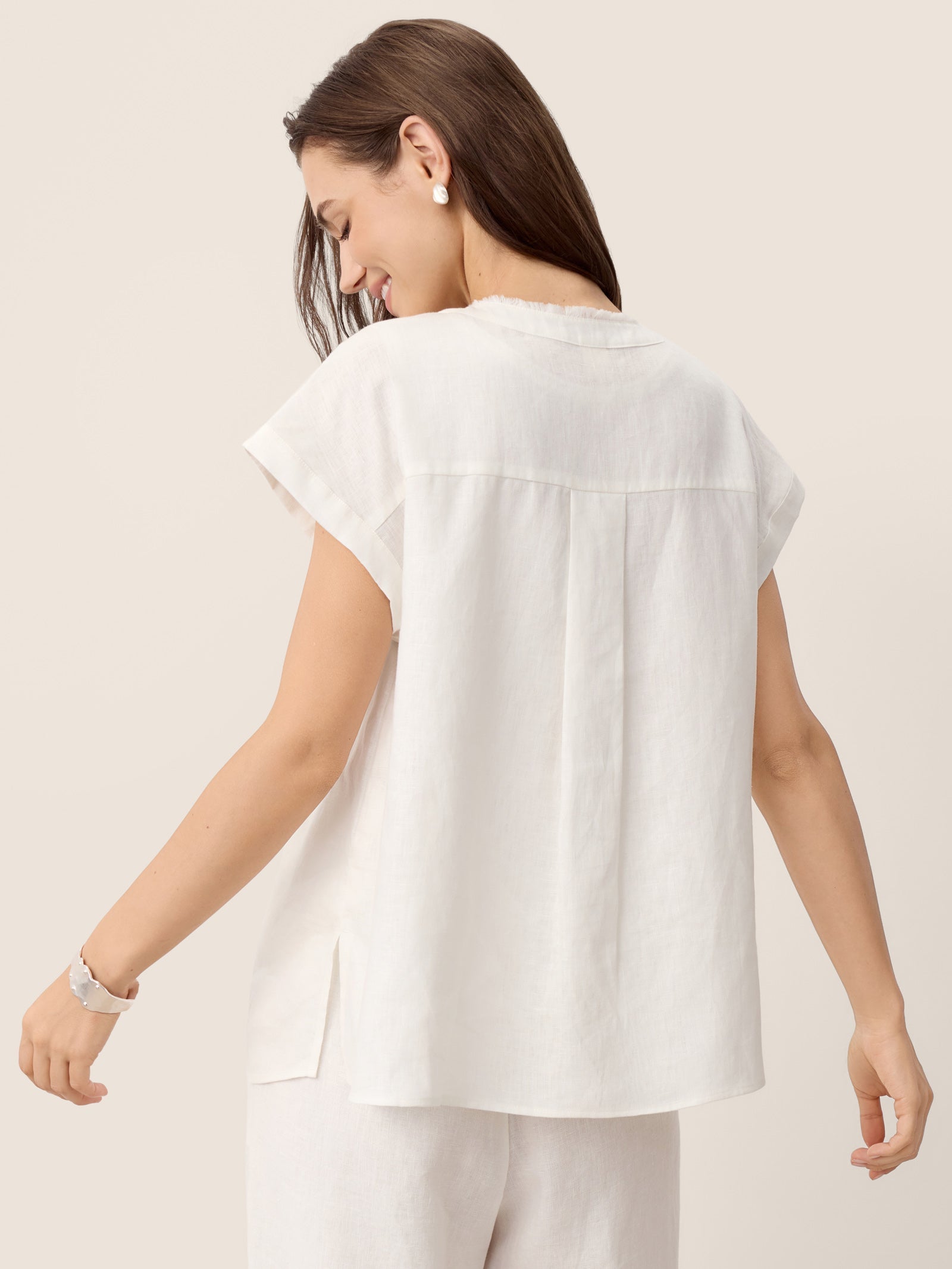 100% Linen Frayed-Trim Drop-Shoulder Top INDIRA by LINTICO