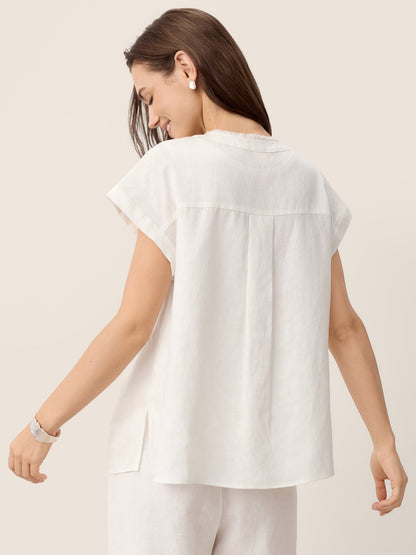 100% Linen Frayed-Trim Drop-Shoulder Top INDIRA by LINTICO