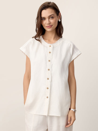 100% Linen Frayed-Trim Drop-Shoulder Top INDIRA by LINTICO
