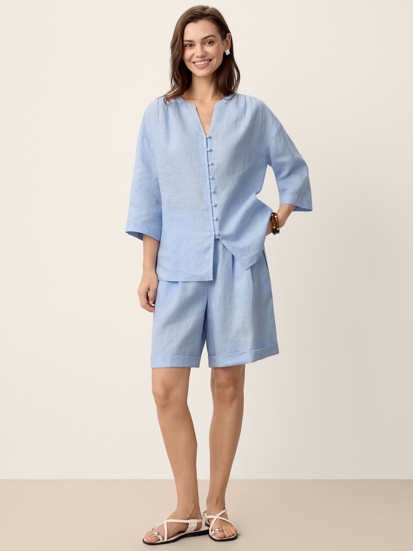 100% Linen Frog-Button Split-Neck Shirt GISELA by LINTICO