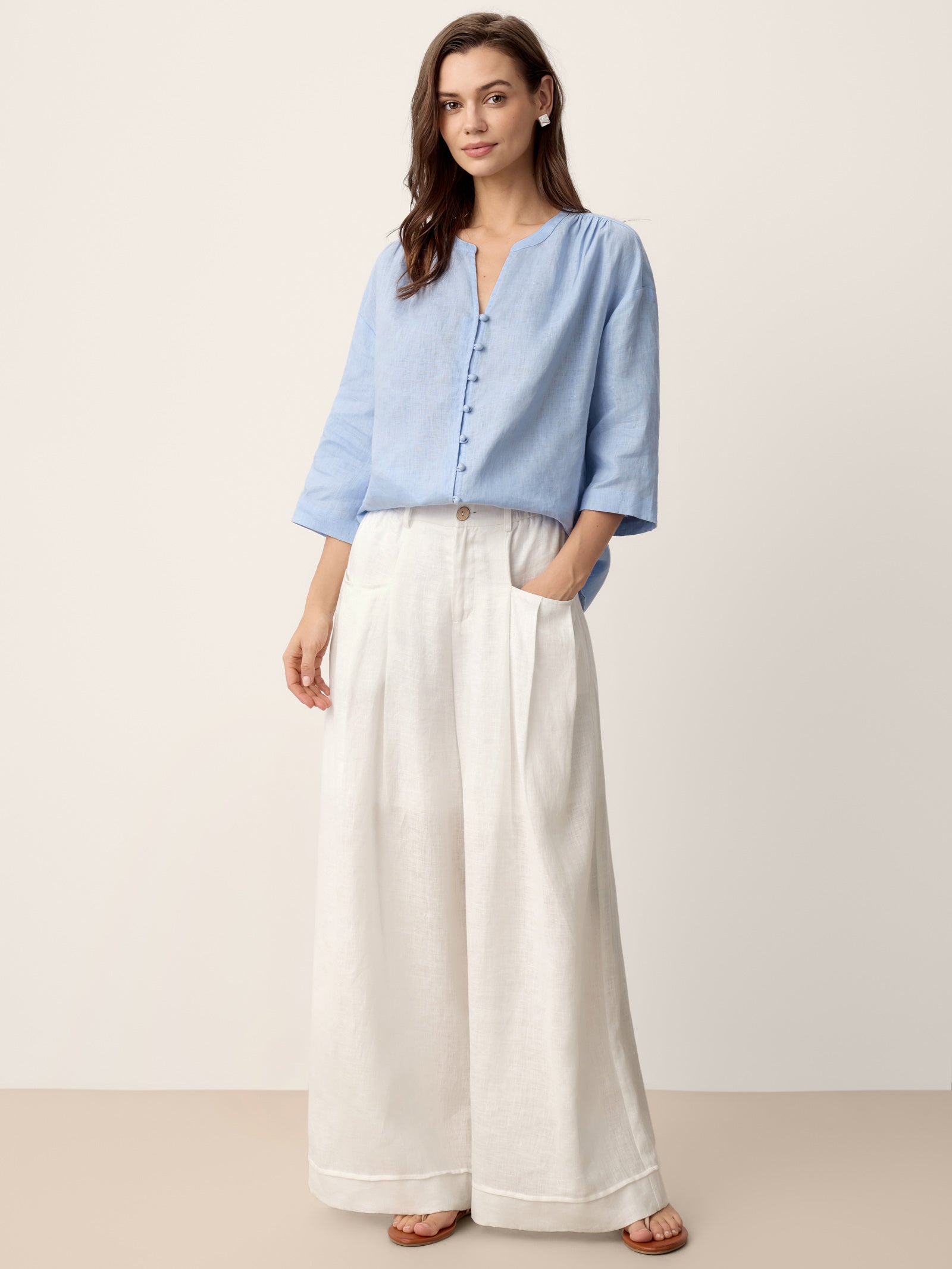 100% Linen Frog-Button Split-Neck Shirt GISELA by LINTICO